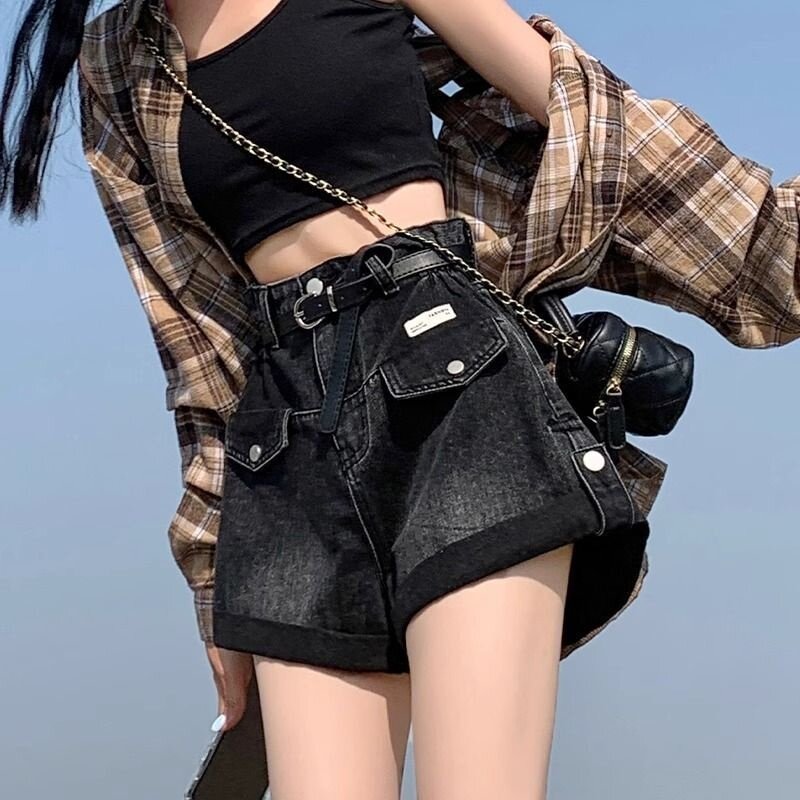 黑色翻边牛仔短裤女夏季薄款2025年新款高腰宽松休闲a字阔腿热裤