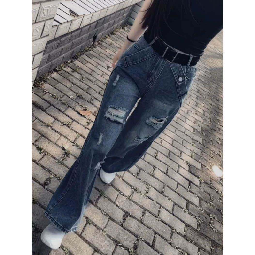 美式设计感破洞牛仔裤女夏季2026新款复古高腰显瘦窄版直筒阔腿裤
