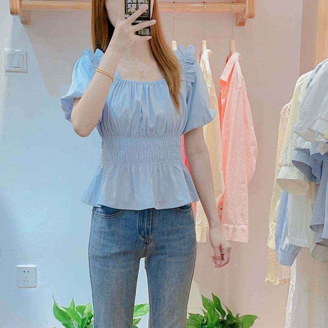 法式雪纺衫女短袖2026夏季新款时尚百搭方领泡泡袖收腰显瘦上衣