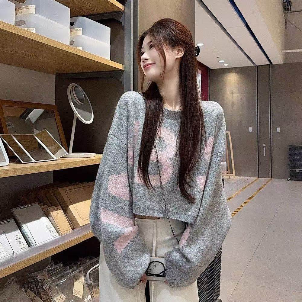 韩版辣妹字母提花短毛衣女圆领宽松落肩袖显瘦小个子套头针织外套