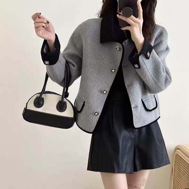 仿水貂绒小香风外套翻领秋冬新款不起球拼色宽松显瘦时尚开衫女装