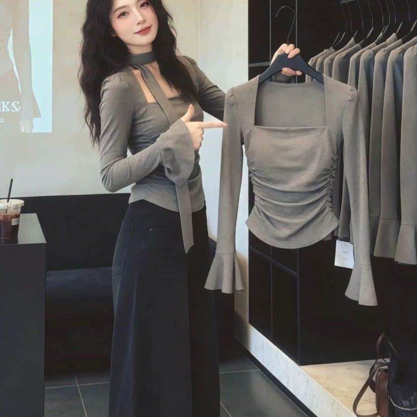 灰色飘带挂脖长袖恤女2026新款春季修身显瘦设计感打底衫上衣服