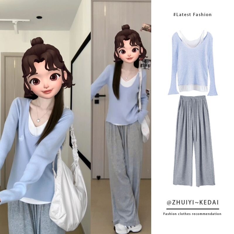 秋季穿搭一整套装女2024年新款假两件t恤上衣宽松显瘦裤子两件套