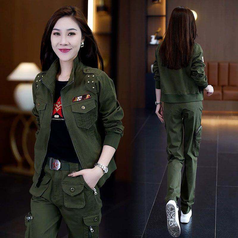 正品迷彩服女外套秋春季新款加厚夹克运动休闲多口袋工装长裤套装