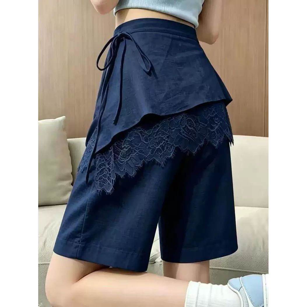 藏青色蕾丝拼接屁帘五分裤女2026秋季高腰显瘦休闲裤子