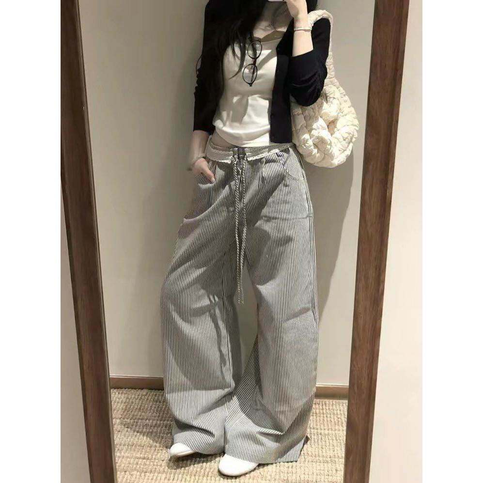 气质条纹蕾丝拼接直筒裤女夏天宽松遮胯显瘦韩系裤子百搭休闲长裤