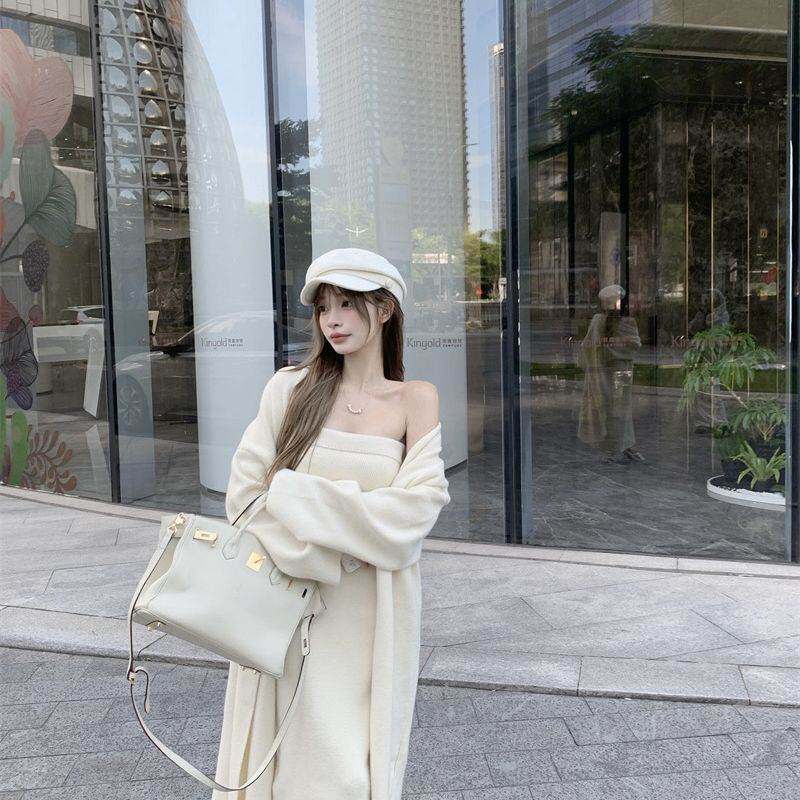 法式温柔风长袖毛衣开衫外套抹胸连衣长裙两件套女简约穿搭一整套图片