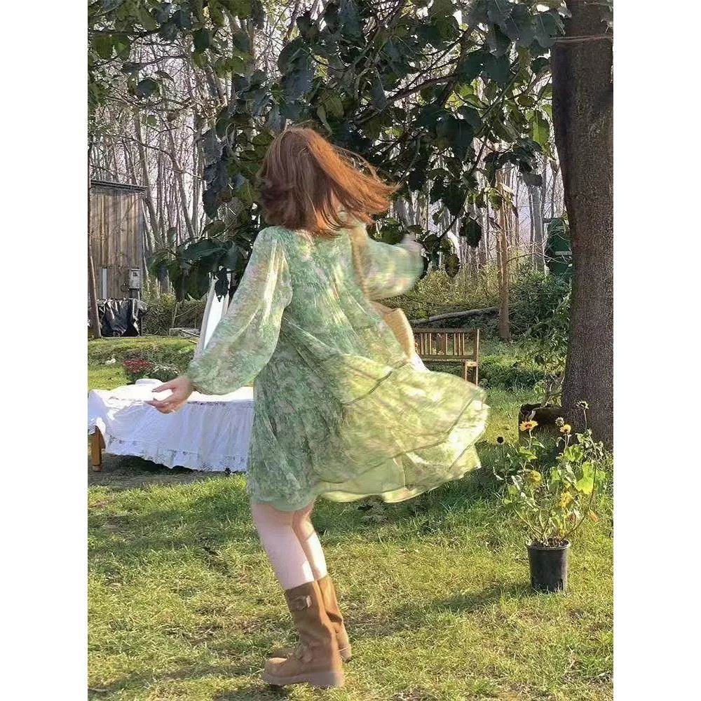 【花舞春和田园风碎花长款泡泡袖宽松雪纺蛋糕裙连衣裙大码300斤