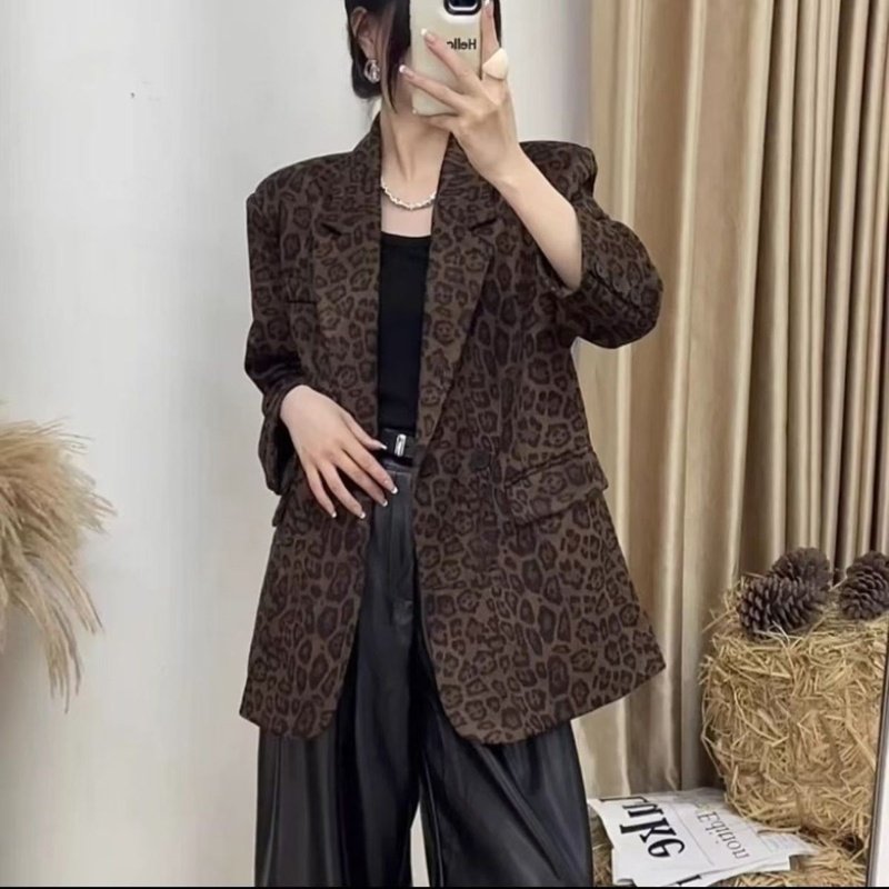 中长款豹纹西装外套女高级感2024秋季新款赫本风长袖休闲西服外套
