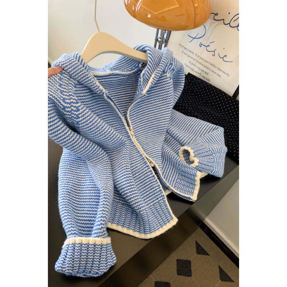 蓝色条纹连帽双拉链针织开衫毛衣外套女小个子2026新款加厚