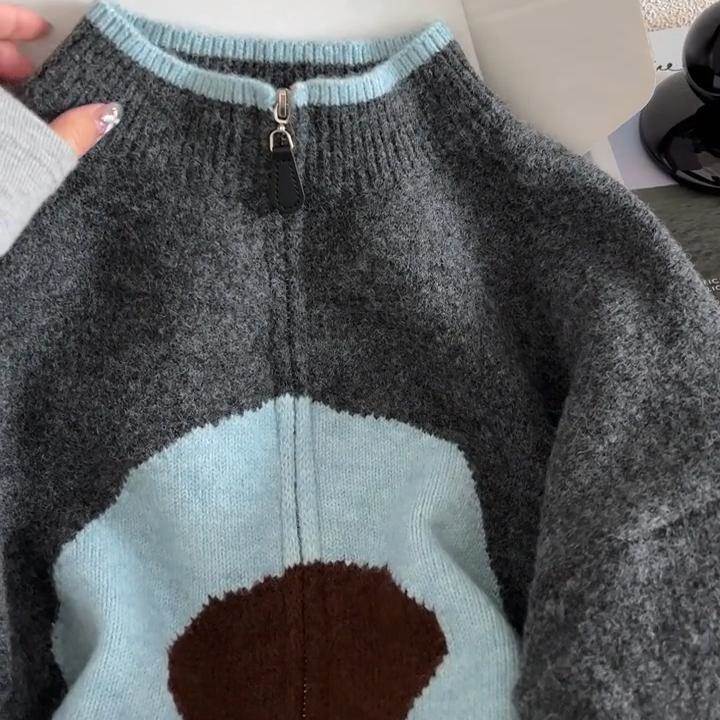 甜美撞色花朵拉链针织开衫冬慵懒风休闲独特漂亮软糯毛衣外套