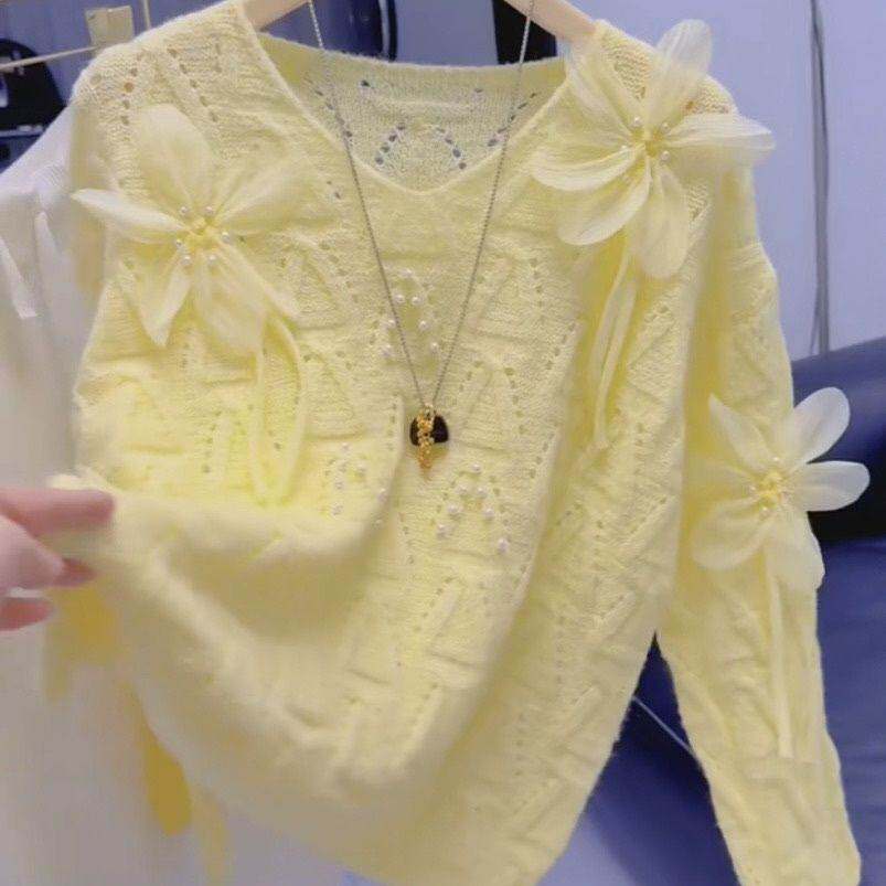 春秋新款慵懒风黄色花朵镂空针织毛衣女宽松减龄可爱开春针织衫潮