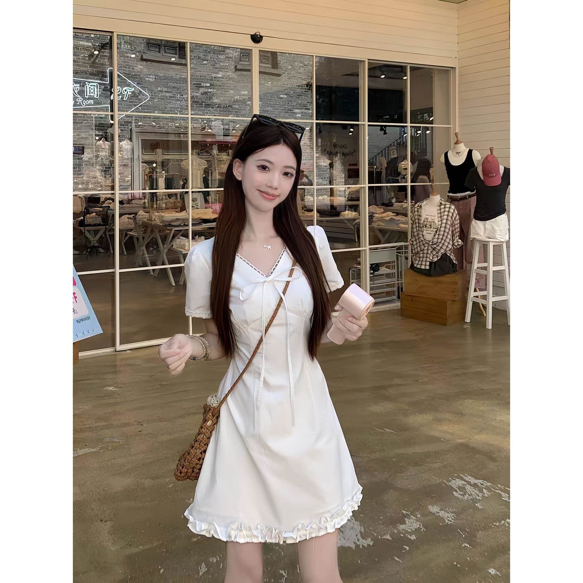韩系领短袖收腰显瘦花边短裙法式高级小白裙蝴蝶结系带连衣裙
