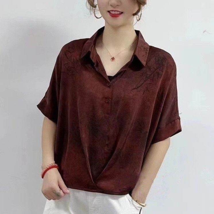 2026夏季新款款妈妈装上衣气质翻领休闲百搭印花蝙蝠袖宽松小衫女