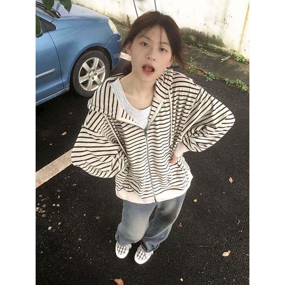 美式复古学生薄款条纹连帽卫衣女春秋慵懒风宽松开衫外套长袖上衣