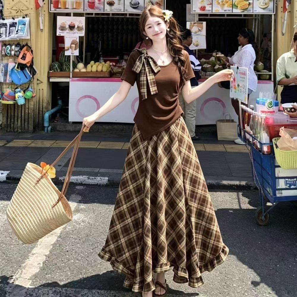 学生潮流流行穿搭一整套女夏季韩系露肩短袖上衣半身裙两件套裙装