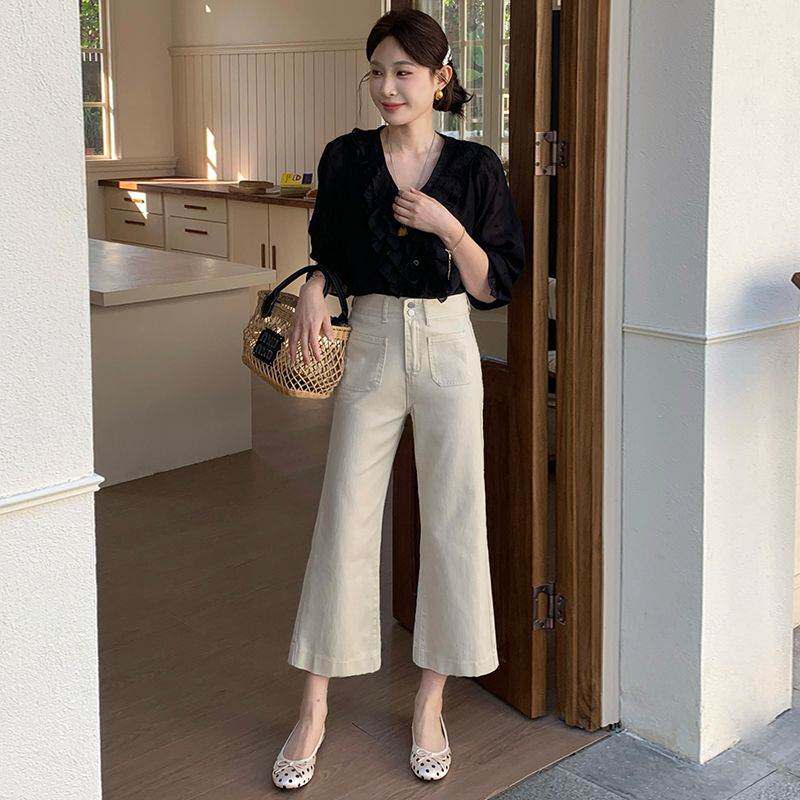 杏色微喇牛仔裤女2026春新款弹力高腰排扣腰头双口袋九分裤