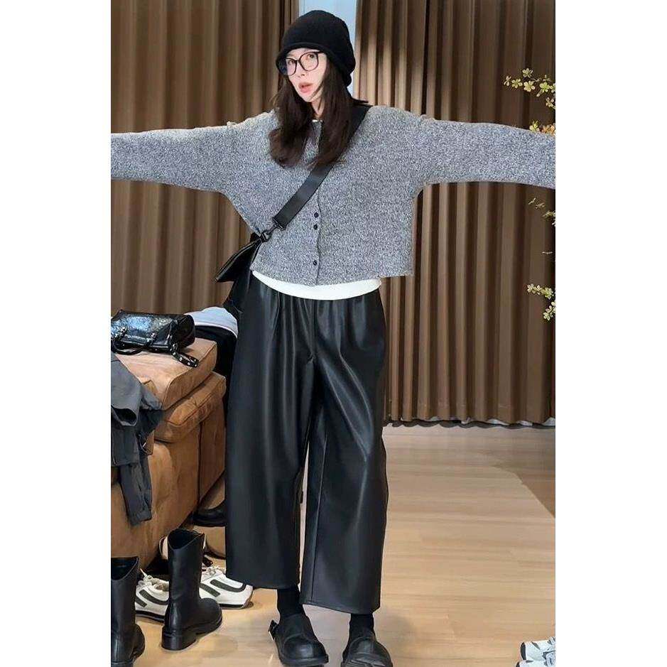 黑色皮裤女2026春夏新款高腰通勤遮跨显瘦高级小个子阔腿九分裤