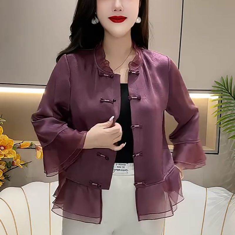 春夏女士高档纯色盘扣洋气雪纺衫女中年妈妈宽松气质减龄盘扣开衫