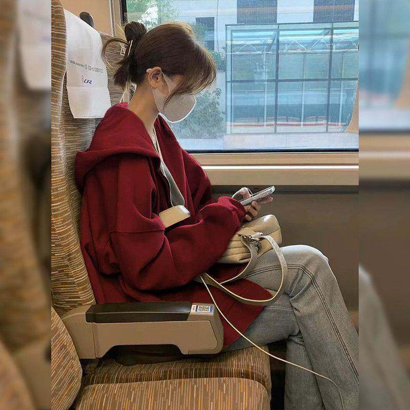 重磅复古酒红色薄款连帽卫衣女秋春季宽松百搭慵懒风拉链加绒外套