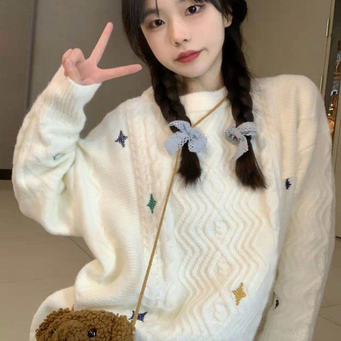 韩系复古可爱软糯麻花毛衣女春夏慵懒风宽松套头外穿加厚针织上衣