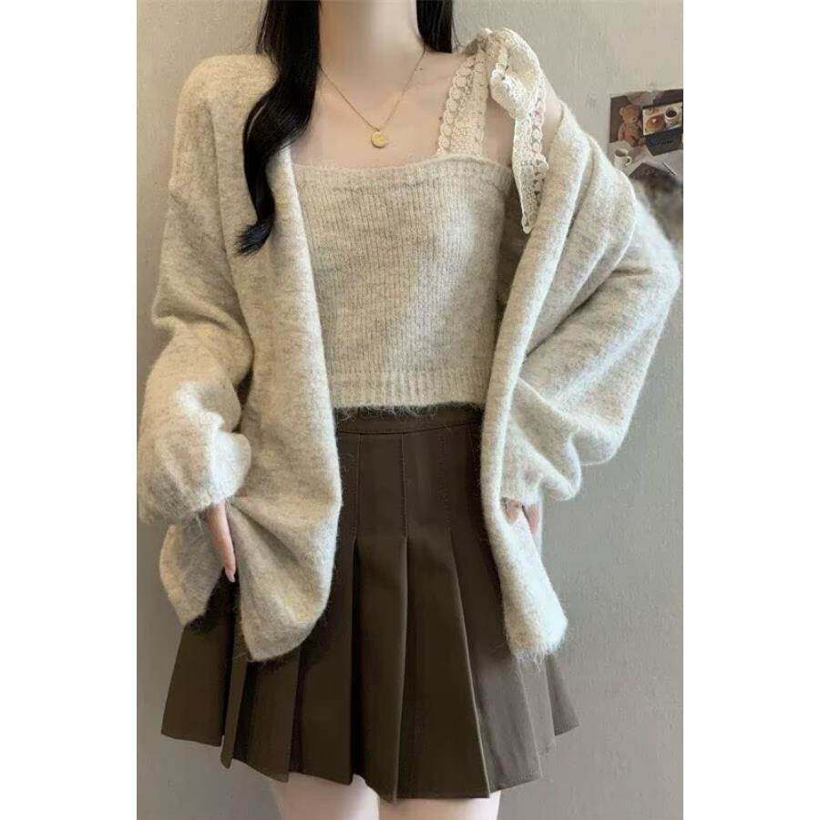 针织开衫毛衣女2026新款设计蕾丝吊带外套两件套温柔风背心套装韩