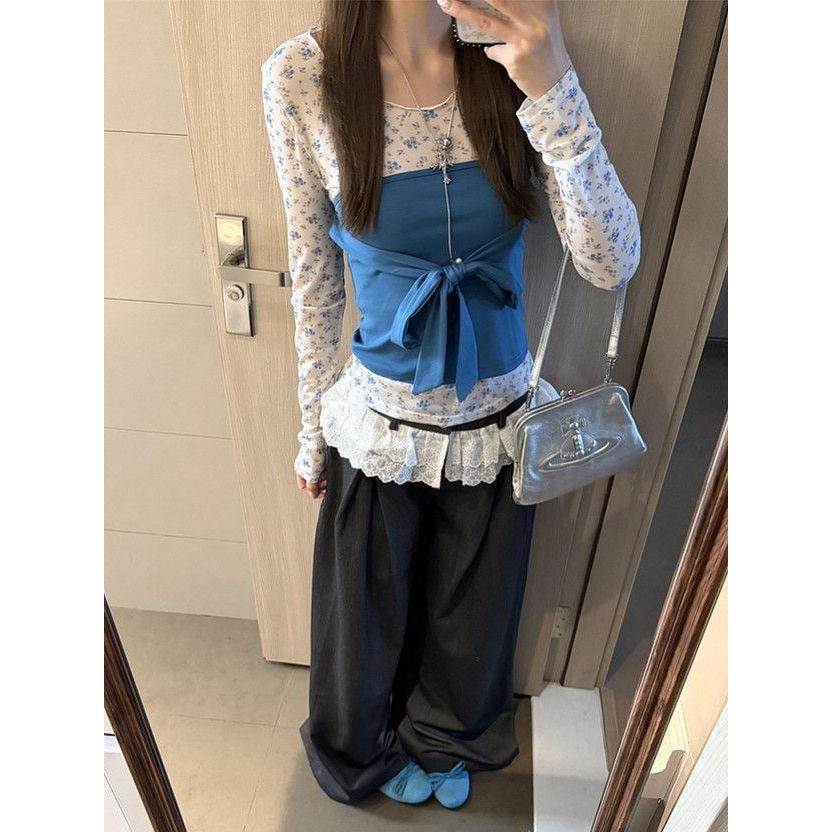 韩系蓝色抹胸吊带背心女超火减龄夏季漂亮露肩上衣一整套装裤穿搭