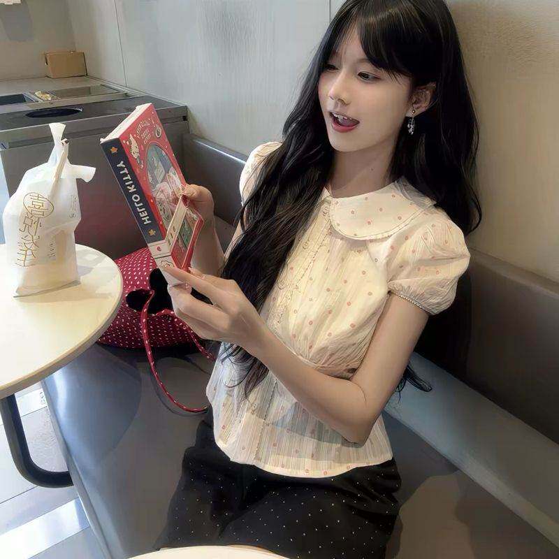 韩系温柔棉波点娃娃领短袖衬衫女夏季甜美白色衬衣收腰短款上衣