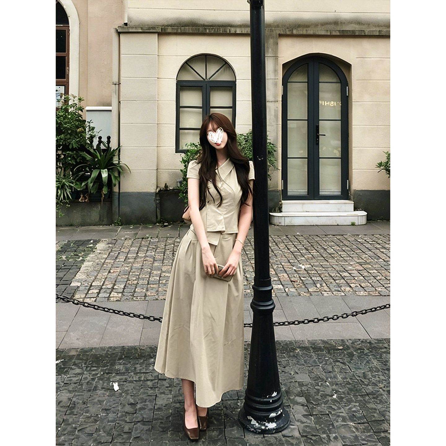 韩系轻熟纯欲通勤穿搭连衣裙子夏季洋气翻领衬衫上衣高腰长裙套装