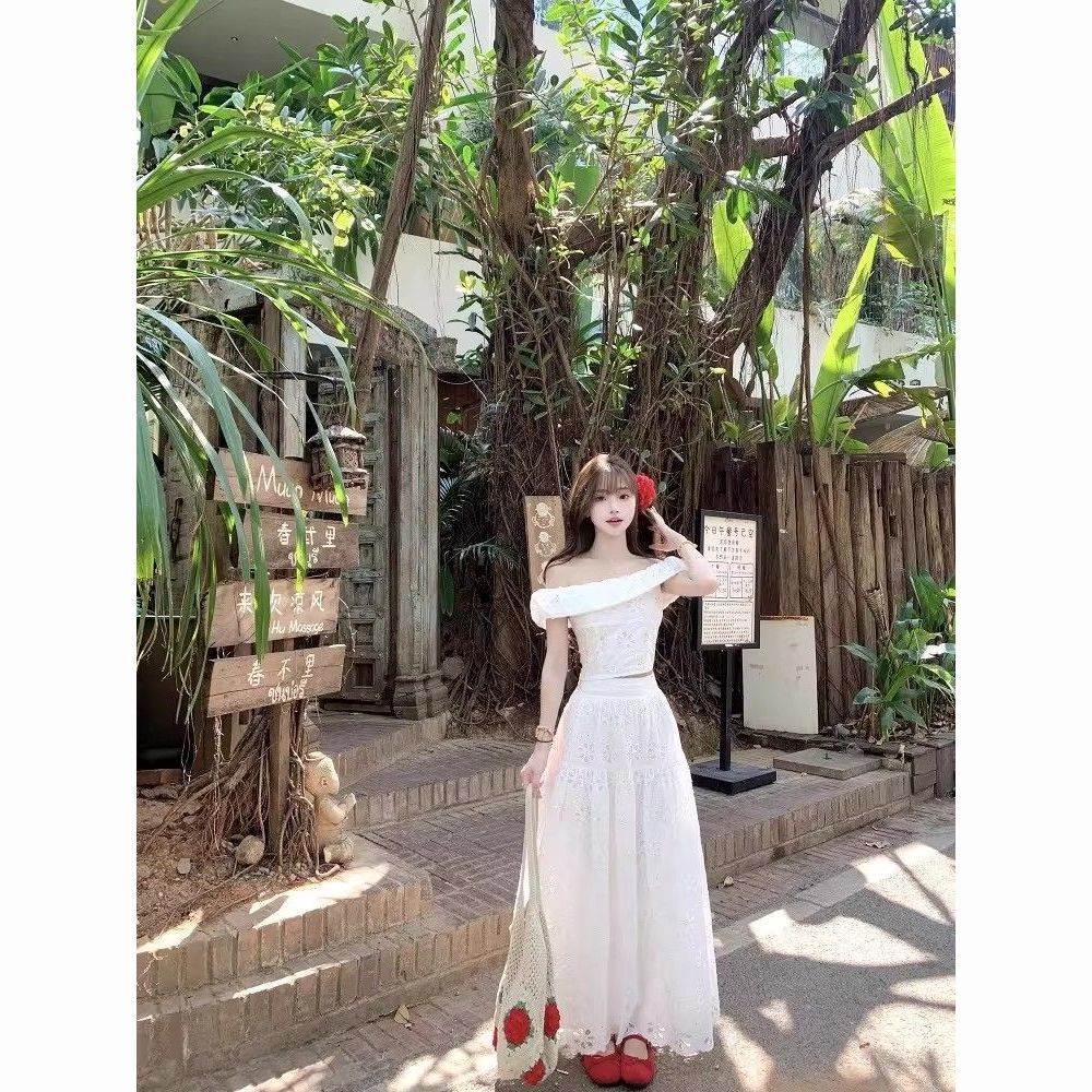 初夏独特绝美小套装温柔风蕾丝镂空一字肩上衣高腰半身裙两件套女