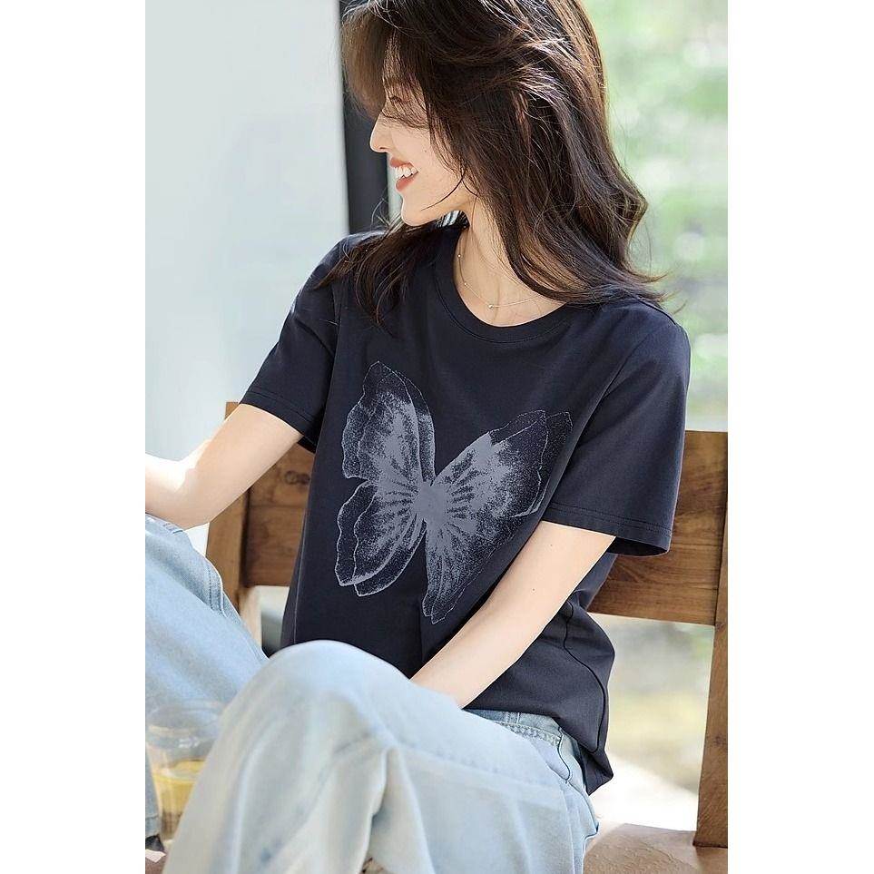 2026年夏装渐变蝴蝶印花图案短袖恤女宽松夏季棉通勤百搭上衣