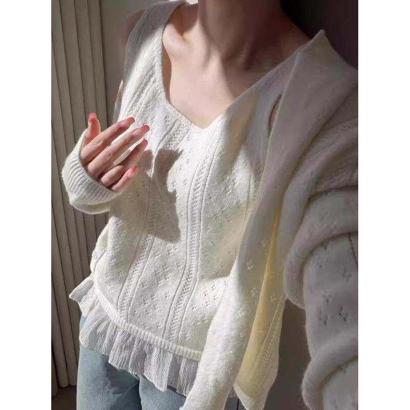 早春法式甜美慵懒镂空针织衫开衫吊带宽松领显毛衣白色套装上衣