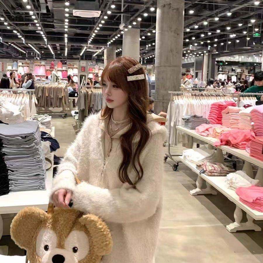 春夏新款慵懒风连帽针织开衫女拉链宽松百搭加厚毛茸茸毛衣外套潮