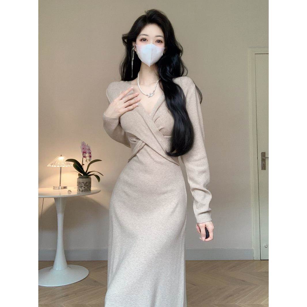 实拍好质量仿配大衣毛衣裙女长款女神范打底内搭针织连衣裙