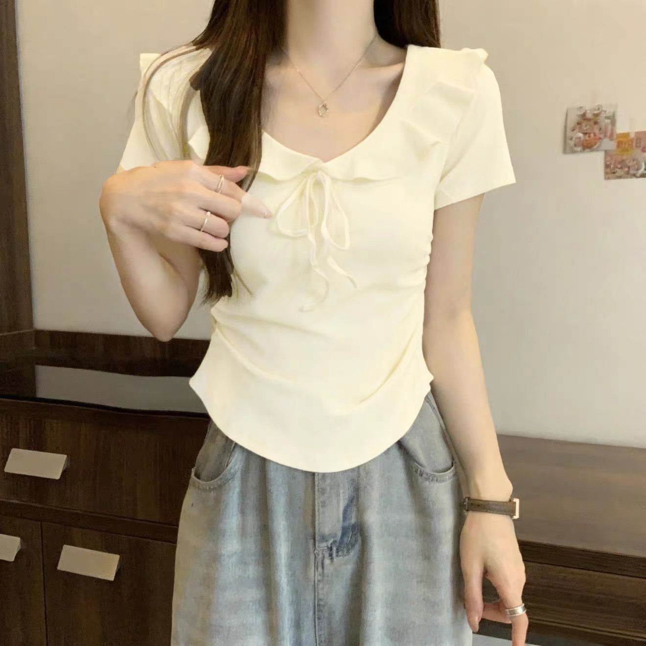 大码胖减龄娃娃领系带夏天恤女2026新款夏季收腰显瘦修身上衣