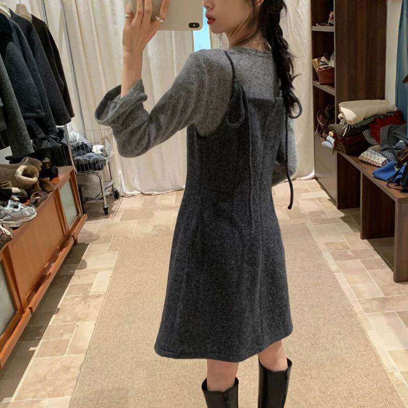 灰色针织衫搭配背心裙字裙时尚套装开春新款两件套小个子短款女