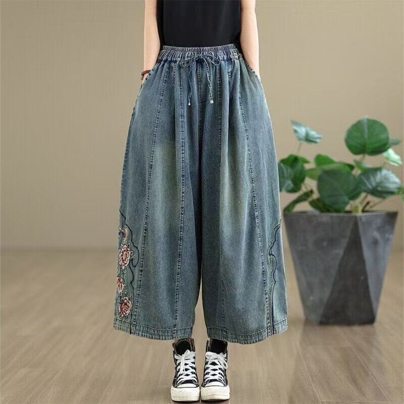 国风绣花九分软牛仔裤女士2025夏季薄款梨型身材宽松遮胯阔腿裤子
