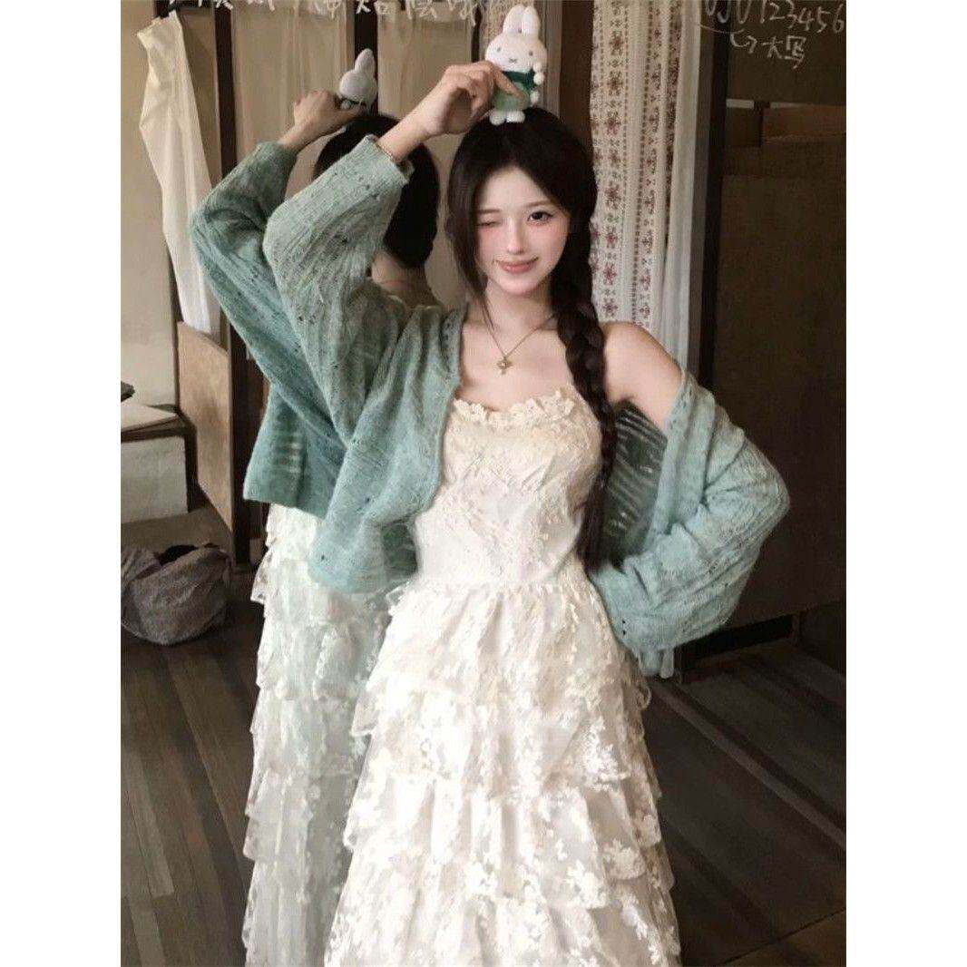 韩系氛围感蕾丝蛋糕裙套装女薄荷绿针织开衫吊带连衣裙早秋一整套