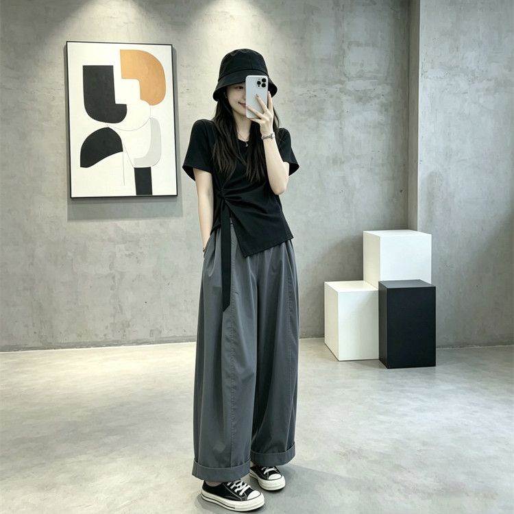 韩系设计感绑带短款恤高腰阔腿裤两件套女2026夏季宽松休闲显瘦