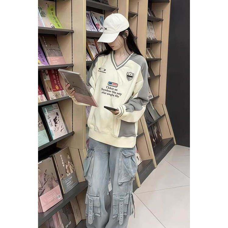 美式潮牌领设计薄款卫衣女春夏新款字母印花运动风长袖上衣