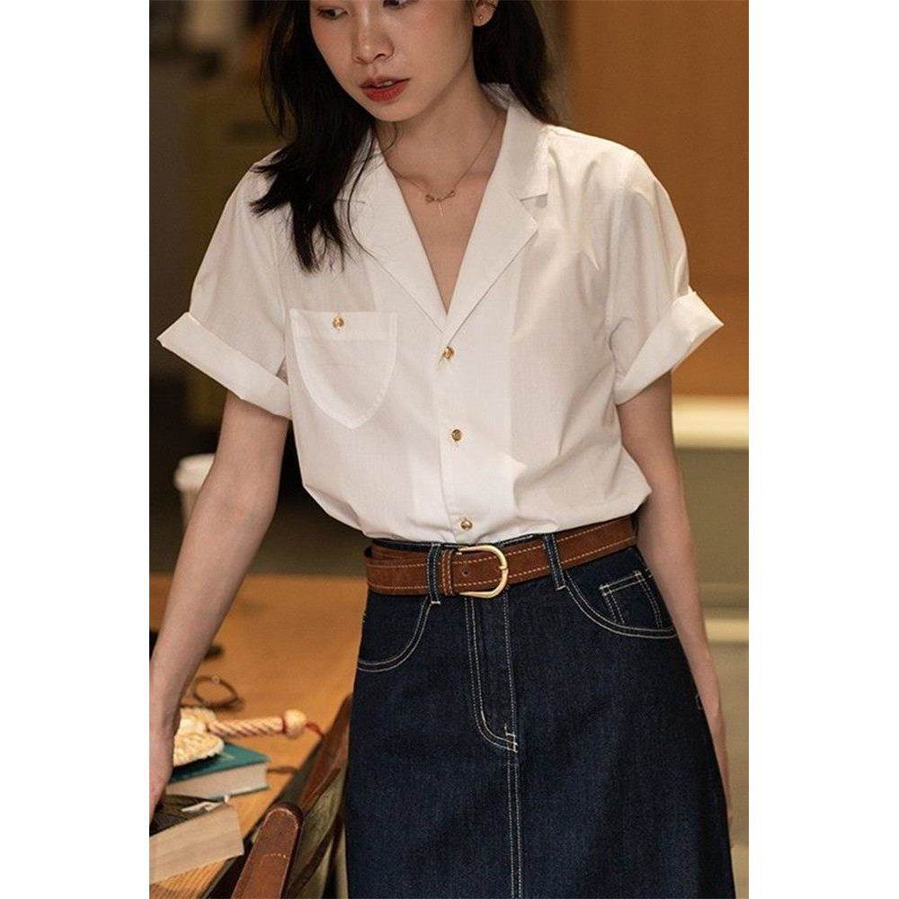 日系复古短袖衬衫女夏季西装领白色衬衣设计感小众文艺风气质上衣
