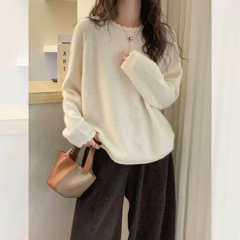 慵懒风花边圆领秋春季女白色毛衣宽松显瘦百搭针织衫时尚打底上衣