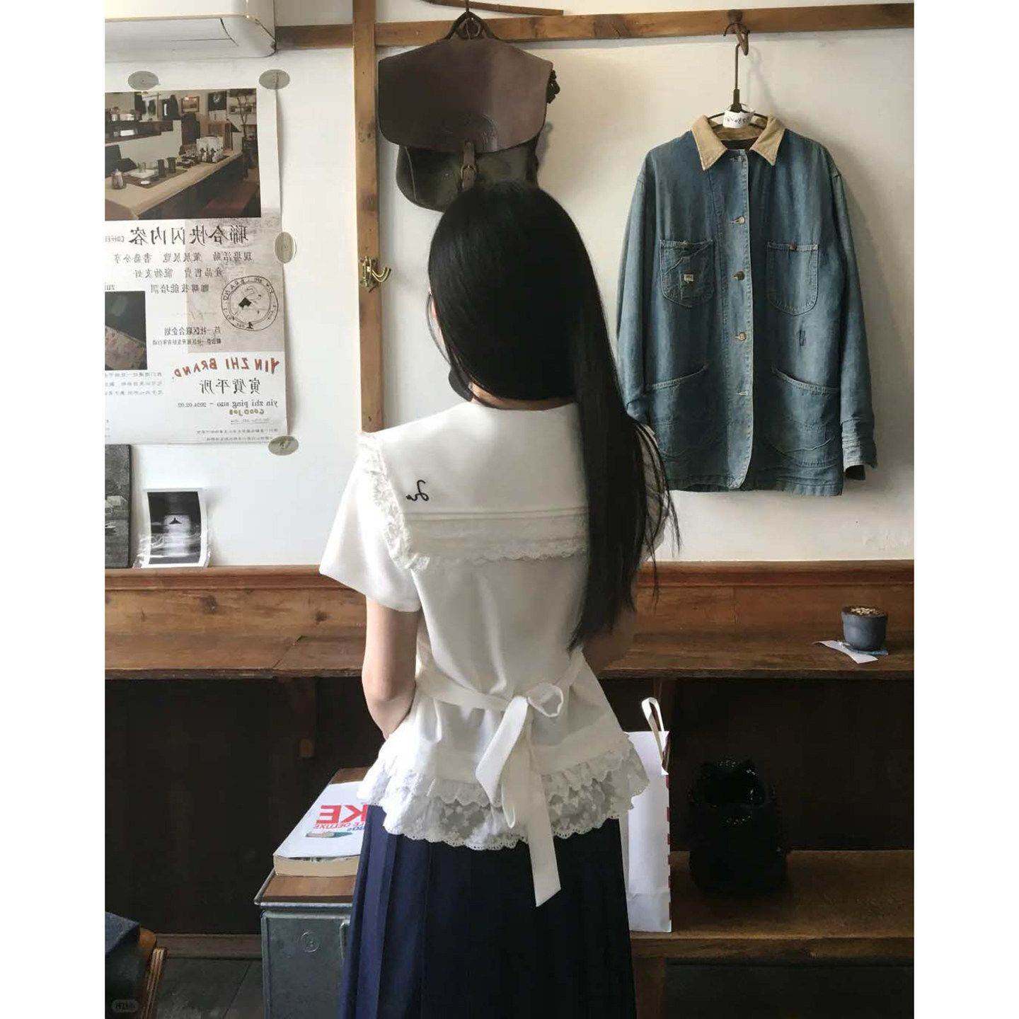 日系洋气甜美蕾丝短袖衬衫女夏季收腰显瘦学院风百搭休闲衬衣上衣