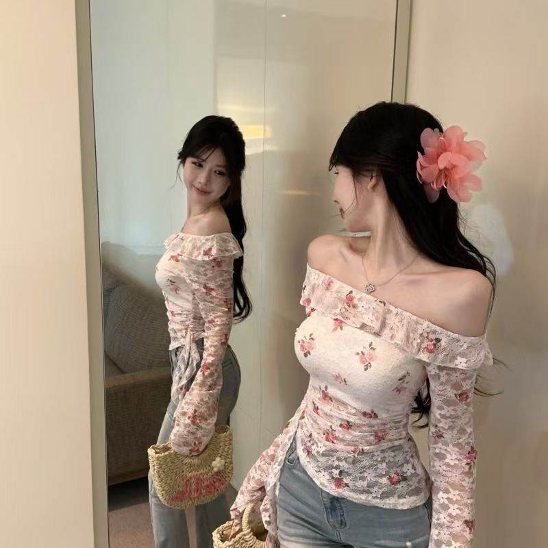 纯欲风高级感印花设计长袖蕾丝衫女夏上新一字肩荷叶边辣妹打底衫