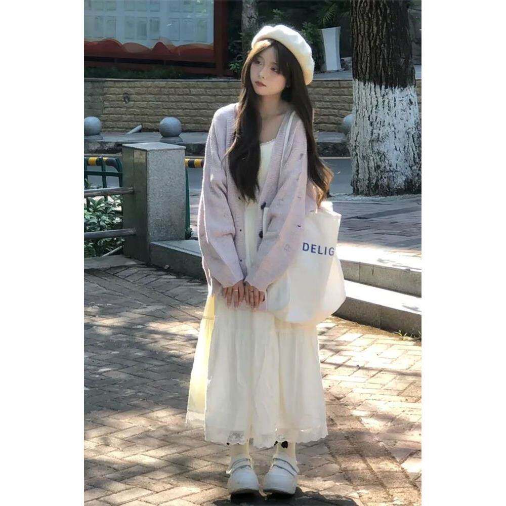 早春学院风穿搭套装小个子显瘦针织开衫毛衣外套白色连衣裙女