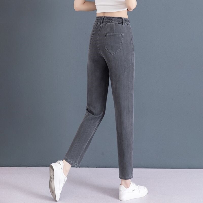 裤子女夏季薄款九分天丝牛仔裤小个子新款高腰显瘦松紧腰哈伦裤