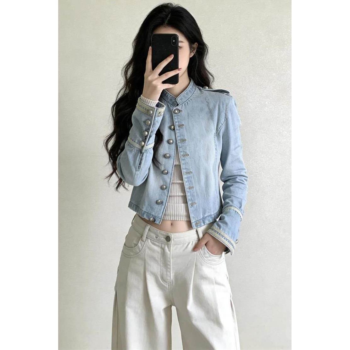 美式复古浅蓝色银扣短款牛仔外套女2026年春季新款高级感夹克上衣