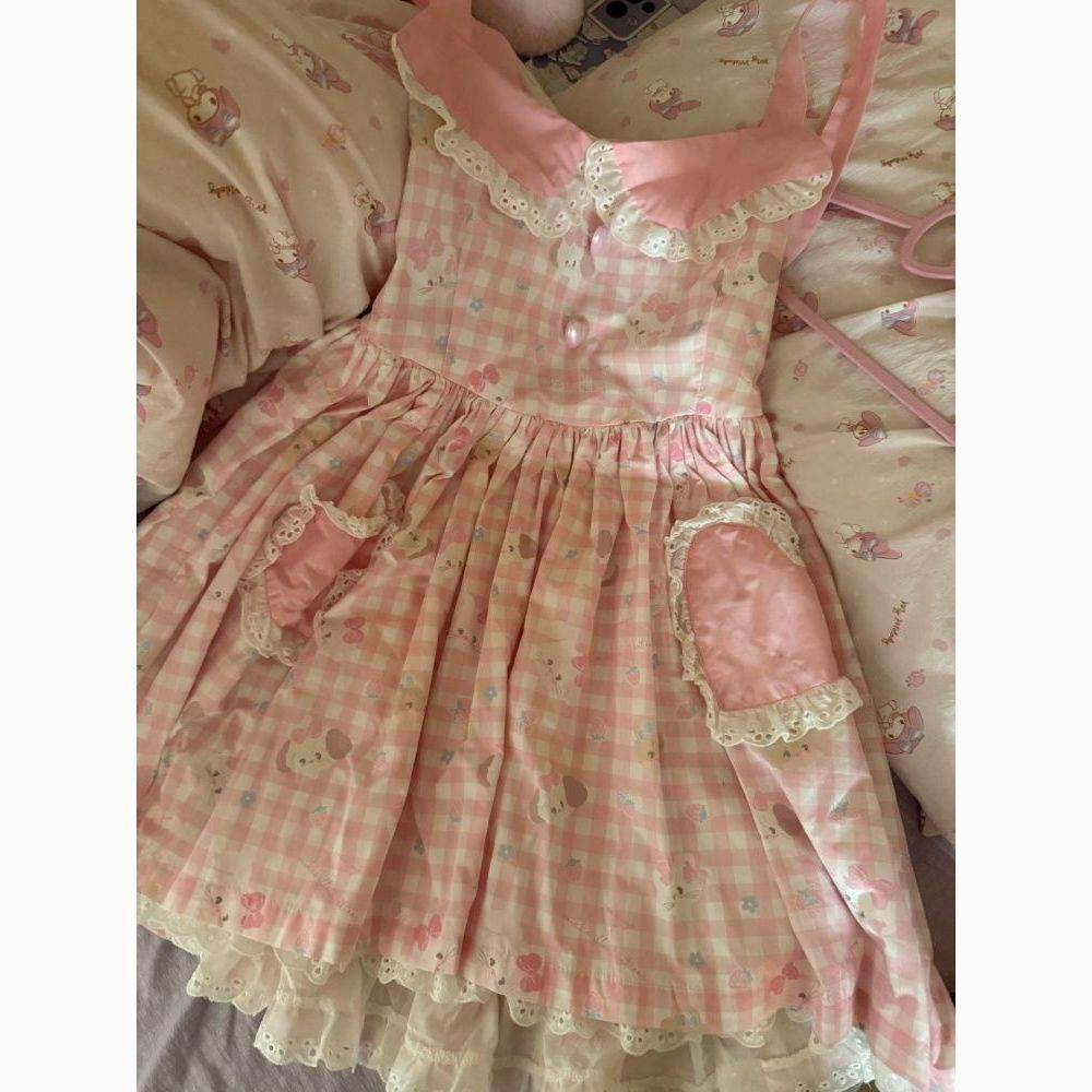 软萌少女风连衣裙夏季新款粉格纹爱心蕾丝蓬蓬裙子女
