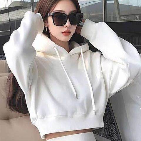 春秋新款白色修身收腰短款连帽卫衣高腰半身裙套装女时尚休闲