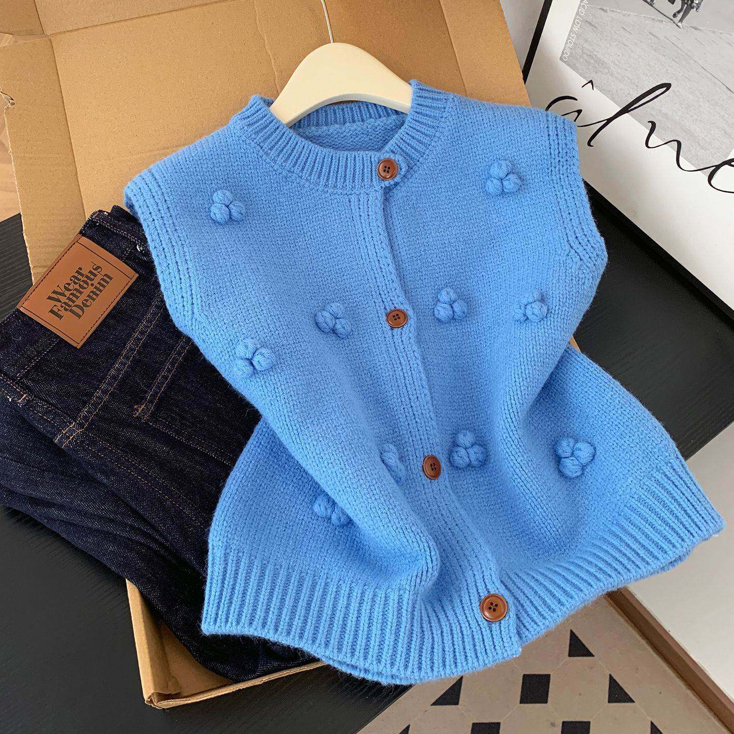 时尚气质无袖上衣韩系高级蓝色立体毛球针织马甲外搭背心叠穿